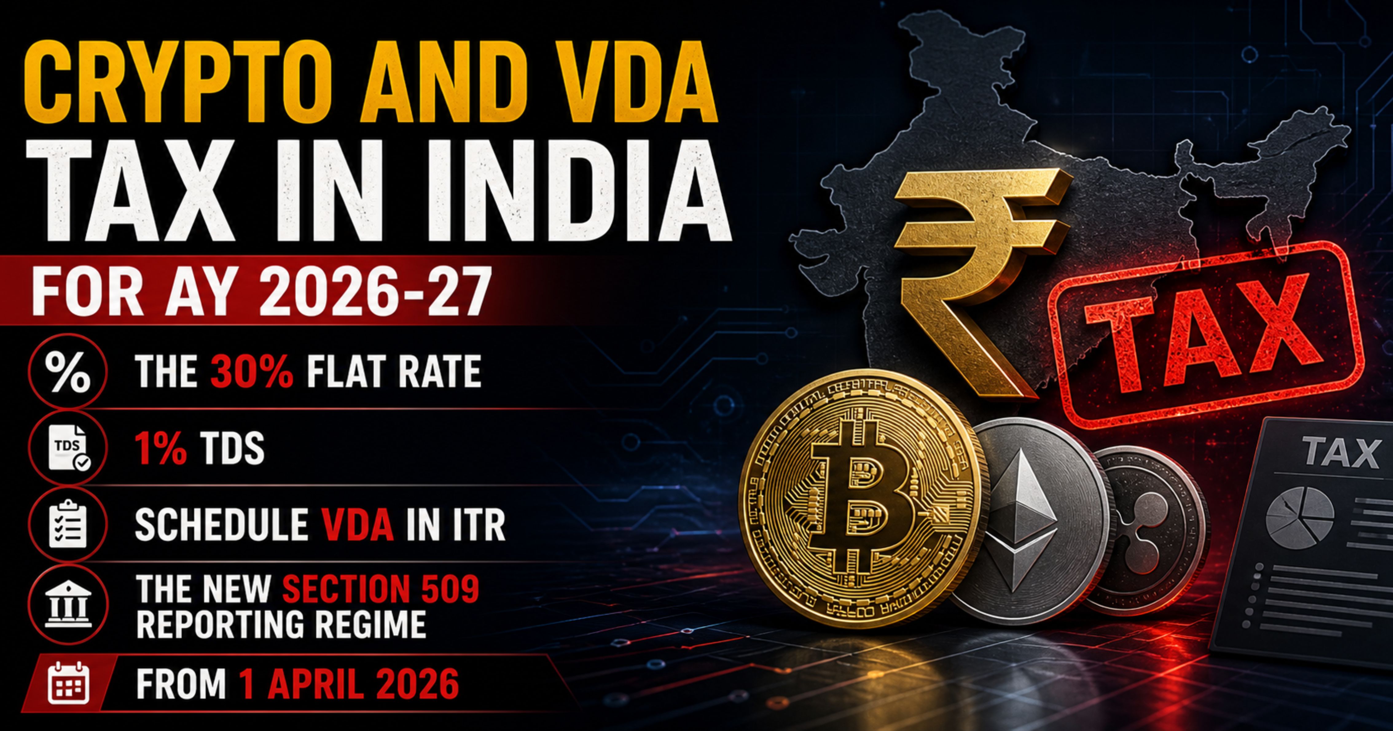 Crypto and VDA Tax in India for AY 2026-27: The 30% Flat Rate, 1% TDS, Schedule VDA in ITR, and the New Section 509 Reporting Regime from 1 April 2026