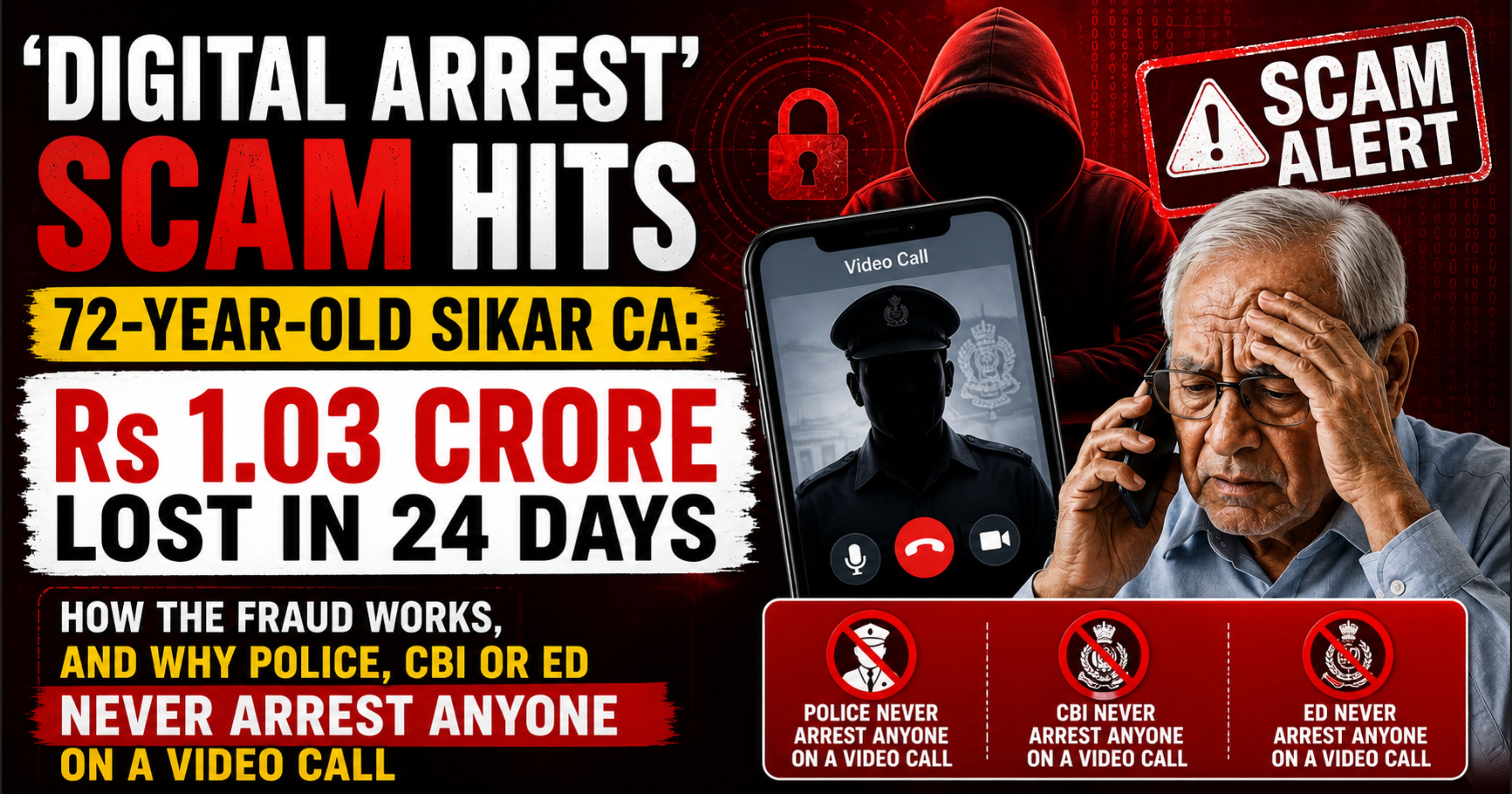 'Digital Arrest' Scam Hits 72-Year-Old Sikar CA: Rs 1.03 Crore Lost in 24 Days — How the Fraud Works, and Why Police, CBI or ED Never Arrest Anyone on a Video Call