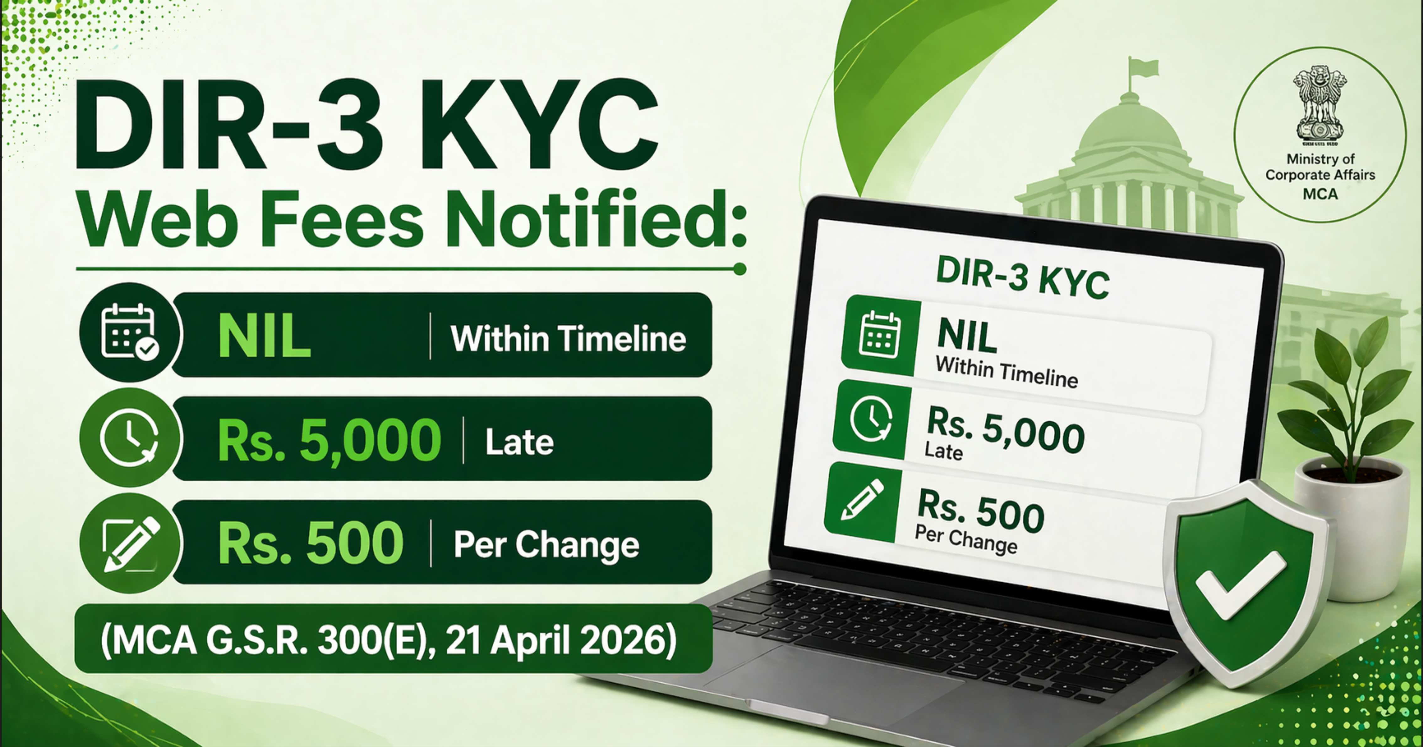 DIR-3 KYC Web Fees Notified: NIL Within Timeline, Rs. 5,000 Late, Rs. 500 Per Change (MCA G.S.R. 300(E), 21 April 2026)